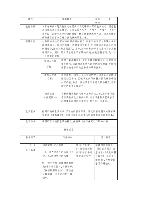 花城版音乐五年级上册第8课《青春舞曲》教案(表格式)(含总结)