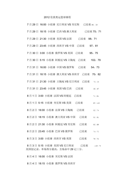 2012伦敦奥运篮球赛程及比分