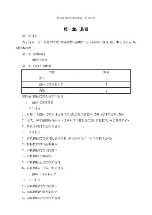 招标代理部各岗位职责及奖金制度