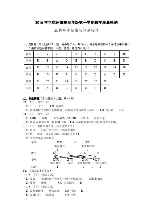 2016学年杭州市高三年级第一学期教学质量检测生物参考答案