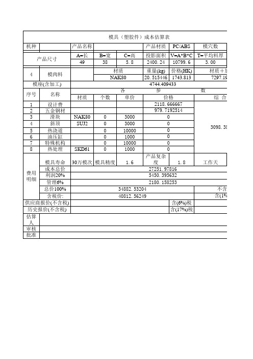 模具(塑胶件)成本分析