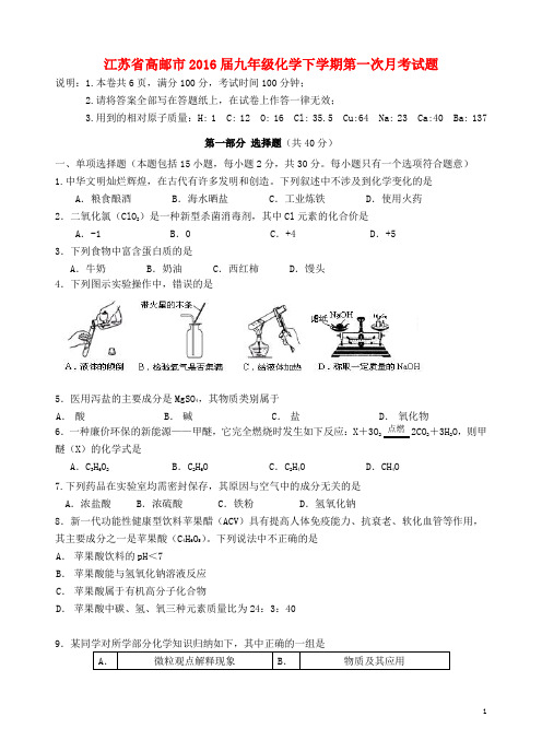 江苏省高邮市2016届九年级化学下学期第一次月考试题