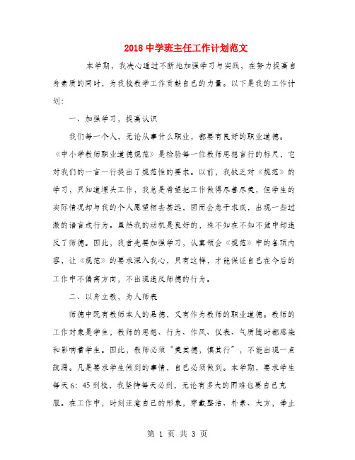 2018中学班主任工作计划范文