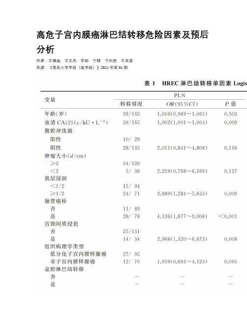 高危子宫内膜癌淋巴结转移危险因素及预后分析