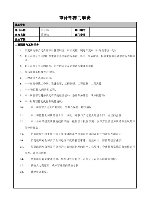 房地产开发 审计部部门职责、岗位职责