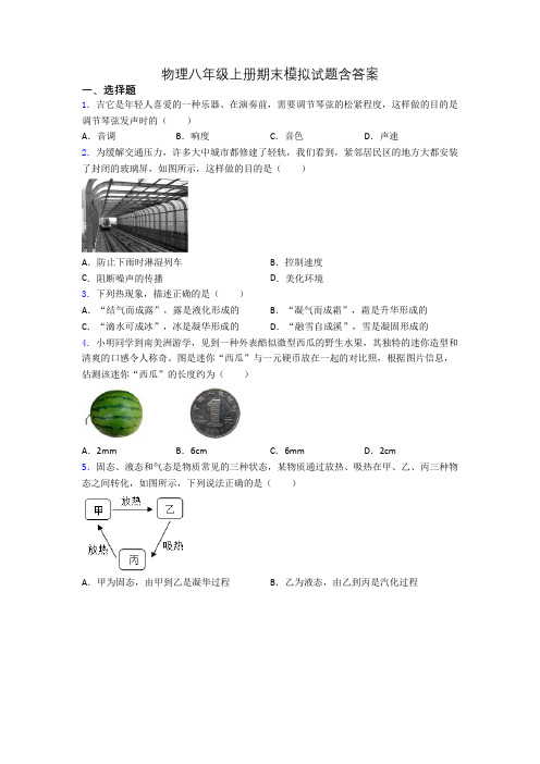 物理八年级上册期末模拟试题含答案