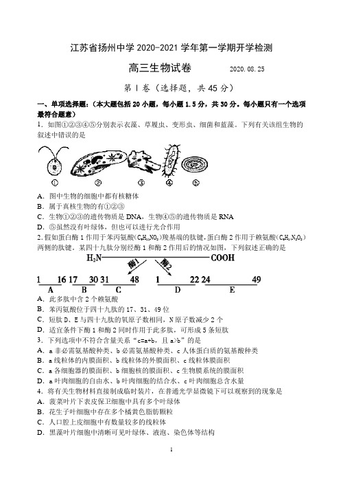 2021届江苏省扬州中学高三上学期开学检测生物试题