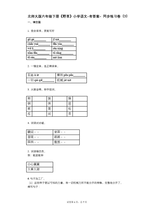 北师大版六年级下册《野草》小学语文-有答案- 同步练习卷(3)