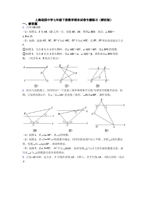 上海迎园中学七年级下册数学期末试卷专题练习(解析版)