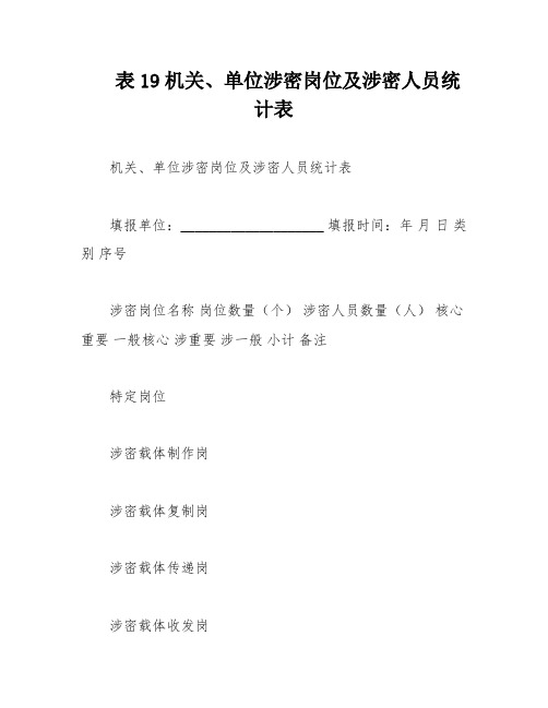 表19机关、单位涉密岗位及涉密人员统计表