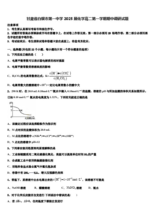 甘肃省白银市第一中学2025届化学高二第一学期期中调研试题含解析