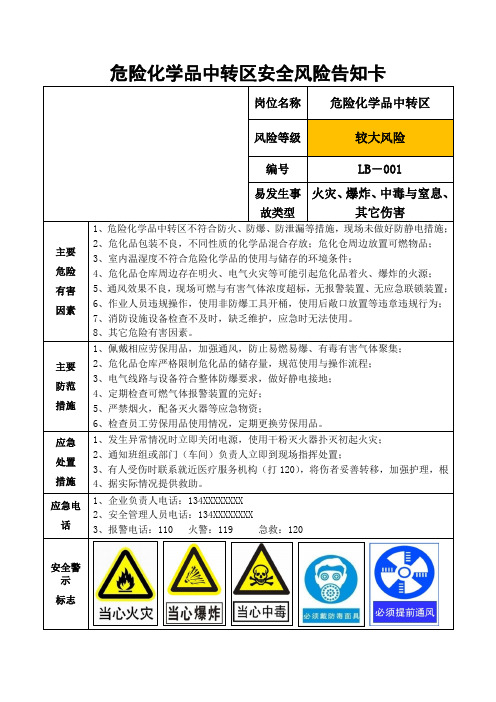 危险化学品中转区安全风险告知卡