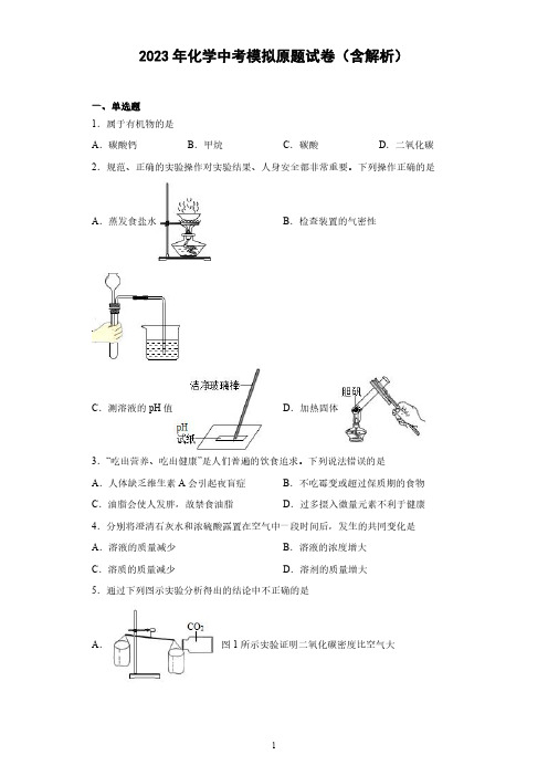 2023年化学中考模拟原题试卷(含解析)