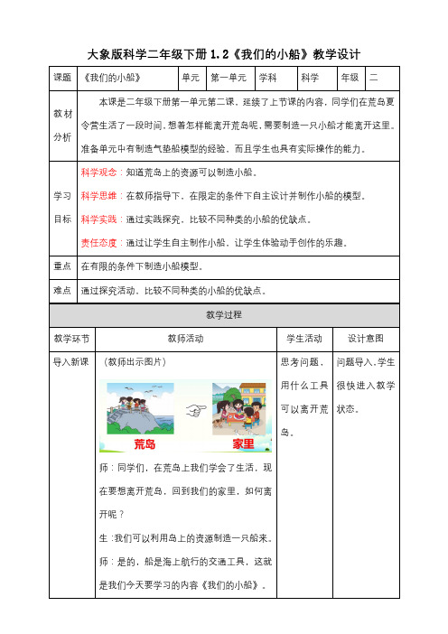 【核心素养目标】1.2《我们的小船》教案-小学科学大象版二年级下册