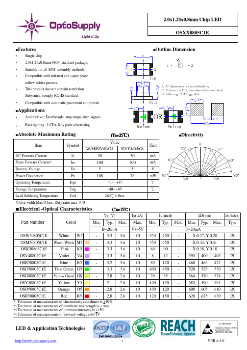 奥普通电子 uni25CF 0805型号单片片区 LED 灯片说明书