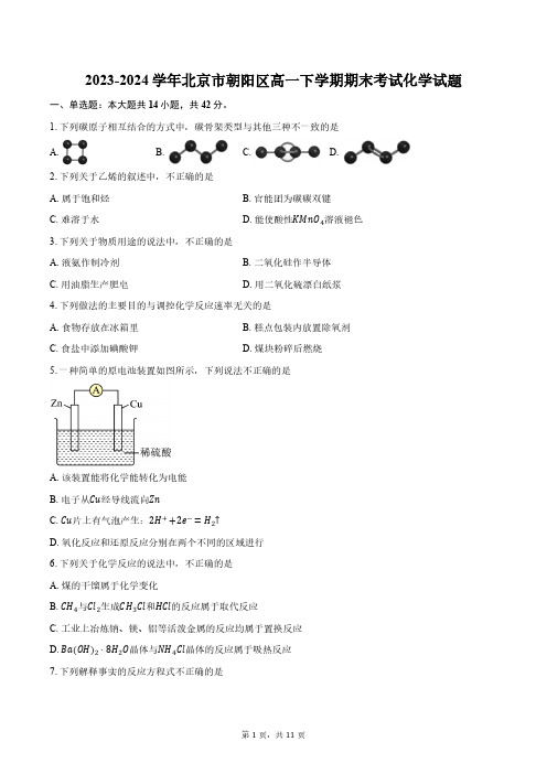 2023-2024学年北京市朝阳区高一下学期期末考试化学试题(含答案)