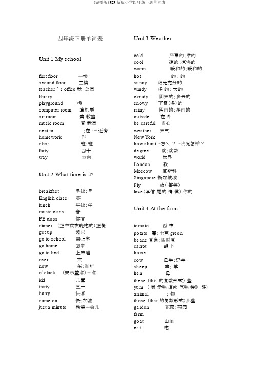 (完整版)PEP新版小学四年级下册单词表