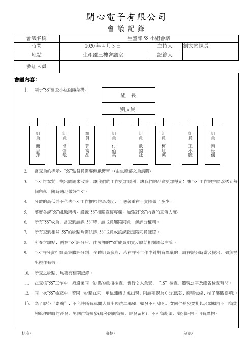 生产部5S会议记录 模板