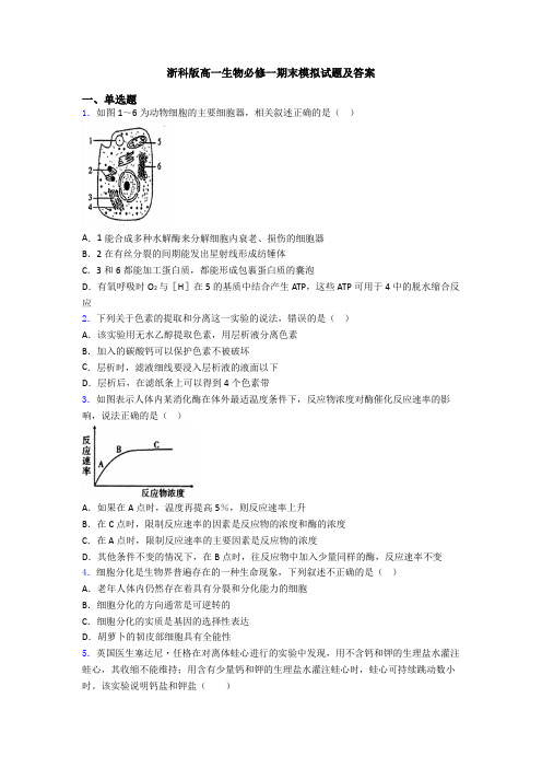 浙科版高一生物必修一期末模拟试题及答案