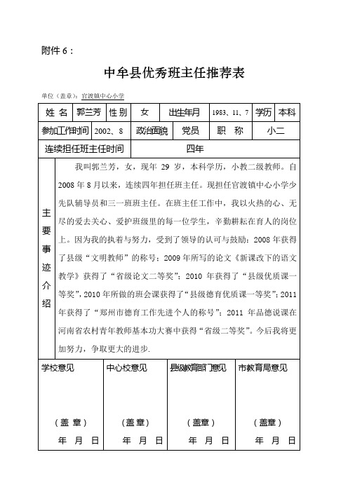 优秀班主任申报表