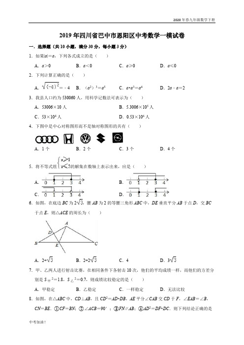 2020年春华师版九年级数学下册2019年四川省巴中市恩阳区中考数学一模试卷(含答案解析)
