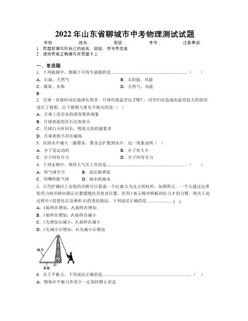 2022年山东省聊城市中考物理测试试题及解析