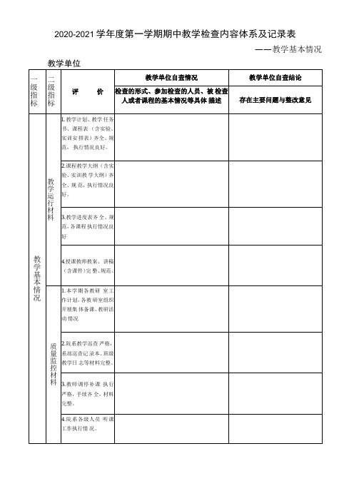 2020-2021学年度第一学期期中教学检查内容体系及记录表