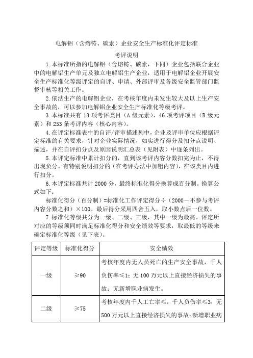 电解铝(含熔铸、碳素)企业安全生产标准化评定标准