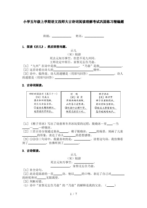 小学五年级上学期语文西师大古诗词阅读理解考试巩固练习精编题