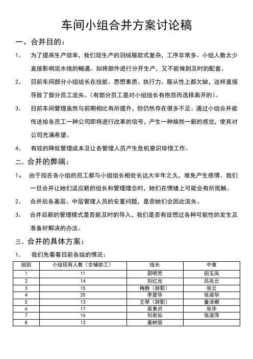 车间小组合并方案讨论稿