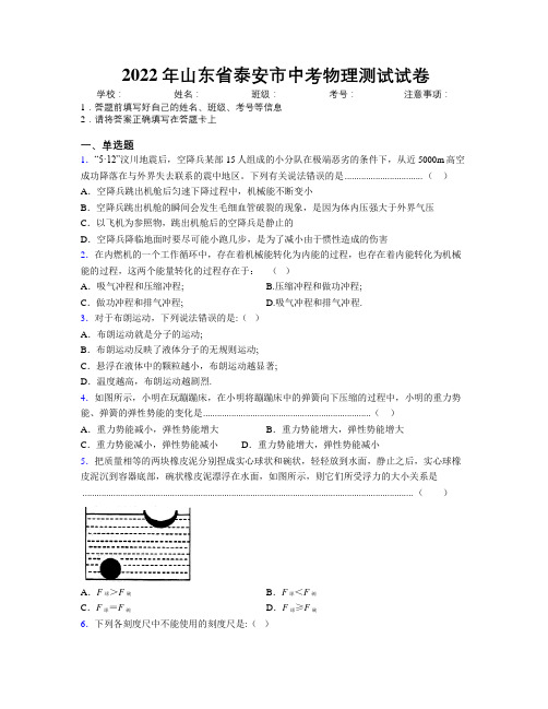 2022年山东省泰安市中考物理测试试卷及解析