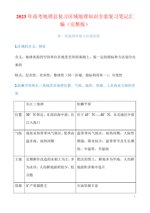 2023年高考地理总复习区域地理知识全套复习笔记汇编(完整版)