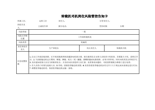 煤矿转载机司机岗位风险管控告知卡