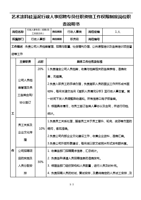 艺术涂料硅藻泥行政人事招聘专员任职资格工作权限制度岗位职责说明书