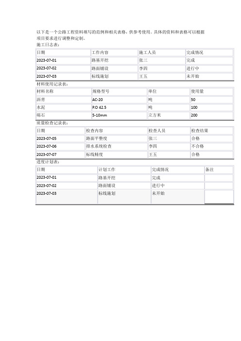 公路工程资料填写范例及表格