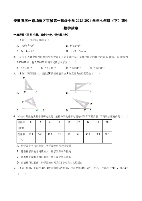 安徽省宿州市埇桥区第一初级中学2023-2024学年七年级下学期期中数学试卷(含解析)