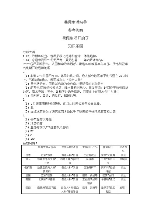 七年级暑假生活指导参考答案青岛出版社