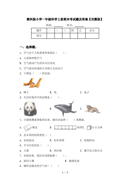 教科版小学一年级科学上册期末考试题及答案【完整版】