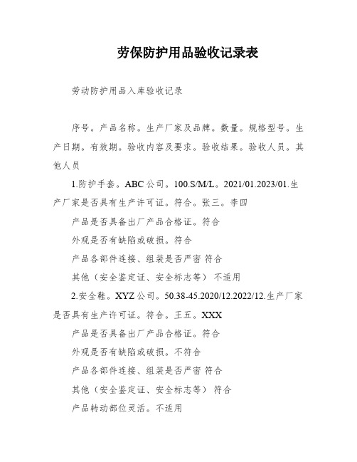 劳保防护用品验收记录表