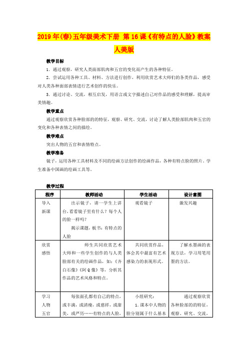 2019年(春)五年级美术下册 第16课《有特点的人脸》教案 人美版