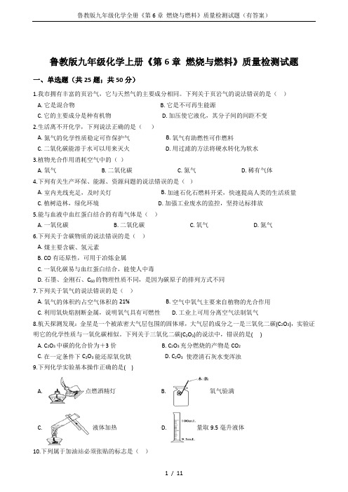 鲁教版九年级化学全册《第6章 燃烧与燃料》质量检测试题(有答案)