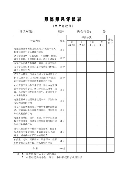 师德师风评议表(学生评教师)