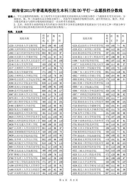 湖南省2011年普通高校招生本科三批(B)平行一志愿投档分数线