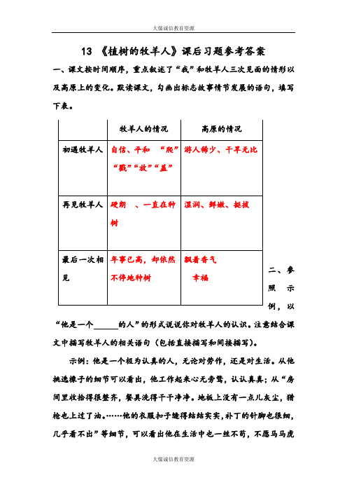 部编人教版七年级语文上册第13课：《植树的牧羊人》课后习题参考答案