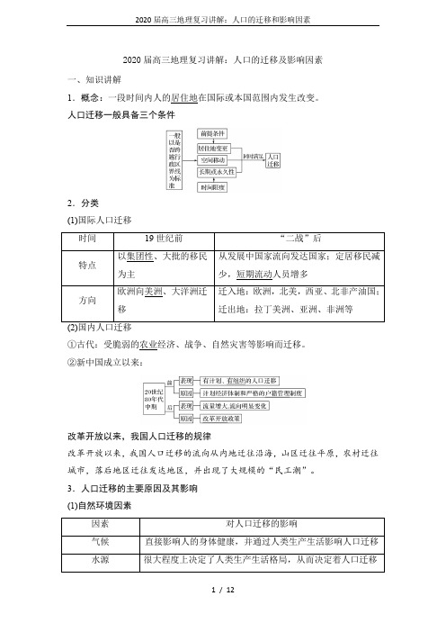 2020届高三地理复习讲解：人口的迁移和影响因素