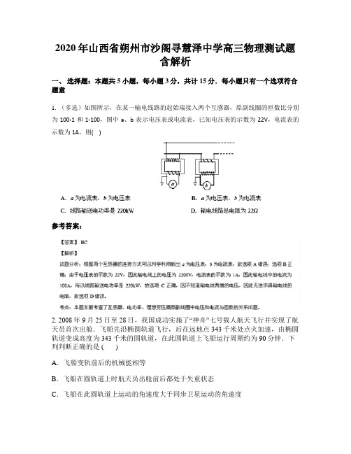 2020年山西省朔州市沙阁寻慧泽中学高三物理测试题含解析