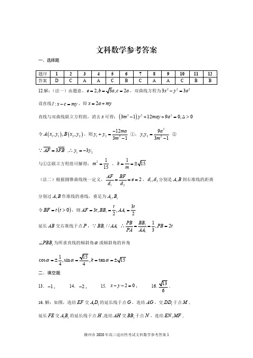江西省赣州市2020届高三适应性考试(二模)数学(文)答案(PDF版)