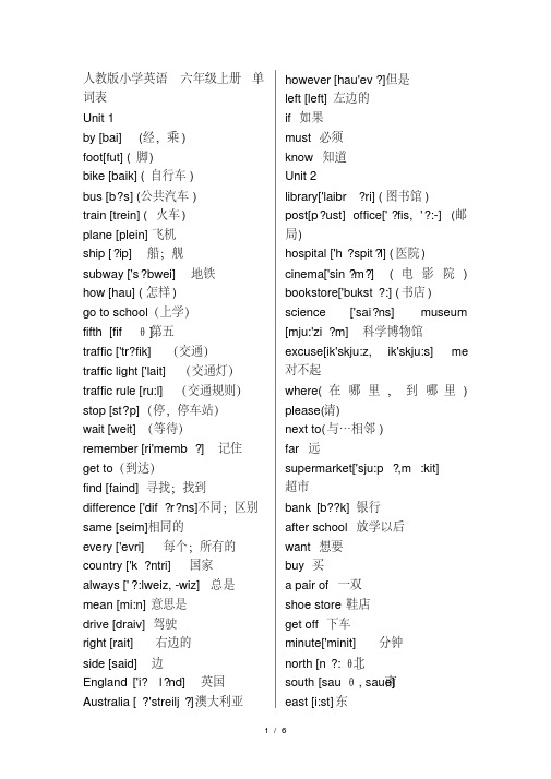 人教版小学英语六年级上、下册单词表(带有音标)