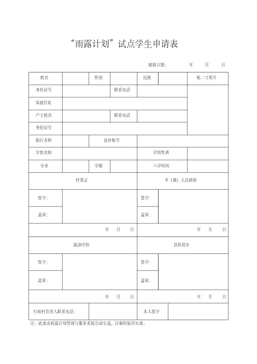 “雨露计划”试点学生申请表