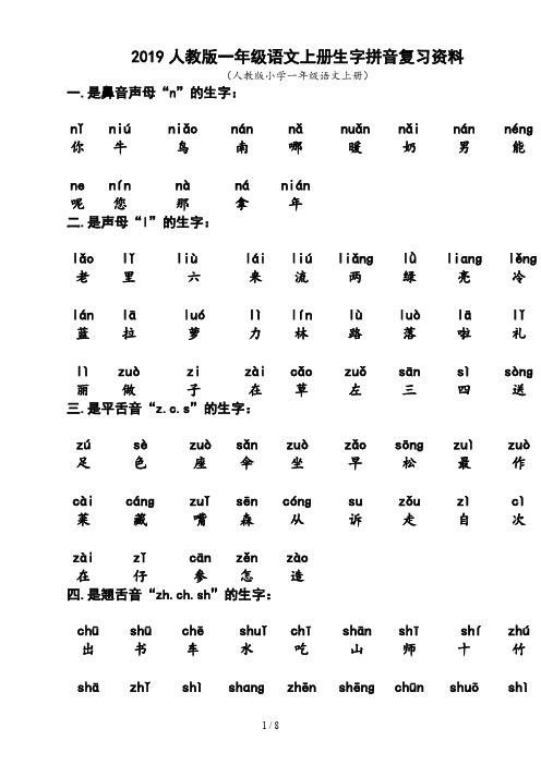 2019人教版一年级语文上册生字拼音复习资料